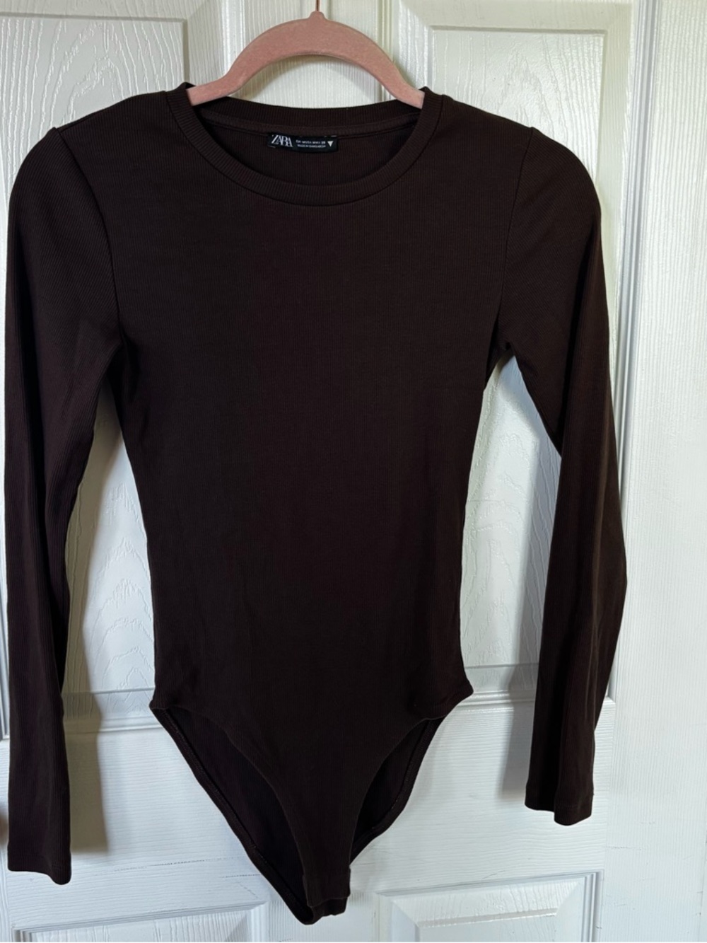 Zara Chocolate Ribbed Crew Neck Long Sleeve Bodysuit